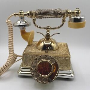 Vintage Rotary Dial Rotary Phone Gold Tone Ornate Embossed Desk Phone
